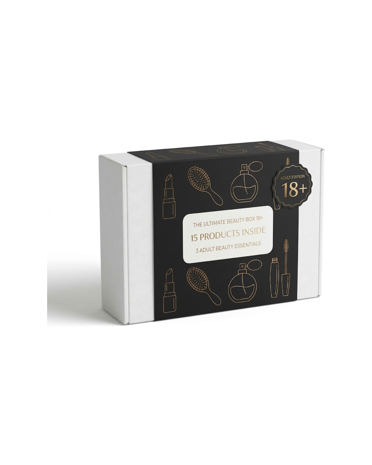 The Ultimate Beauty Ritual 18+ — sealed black and gold adult edition gift box, 15 products inside