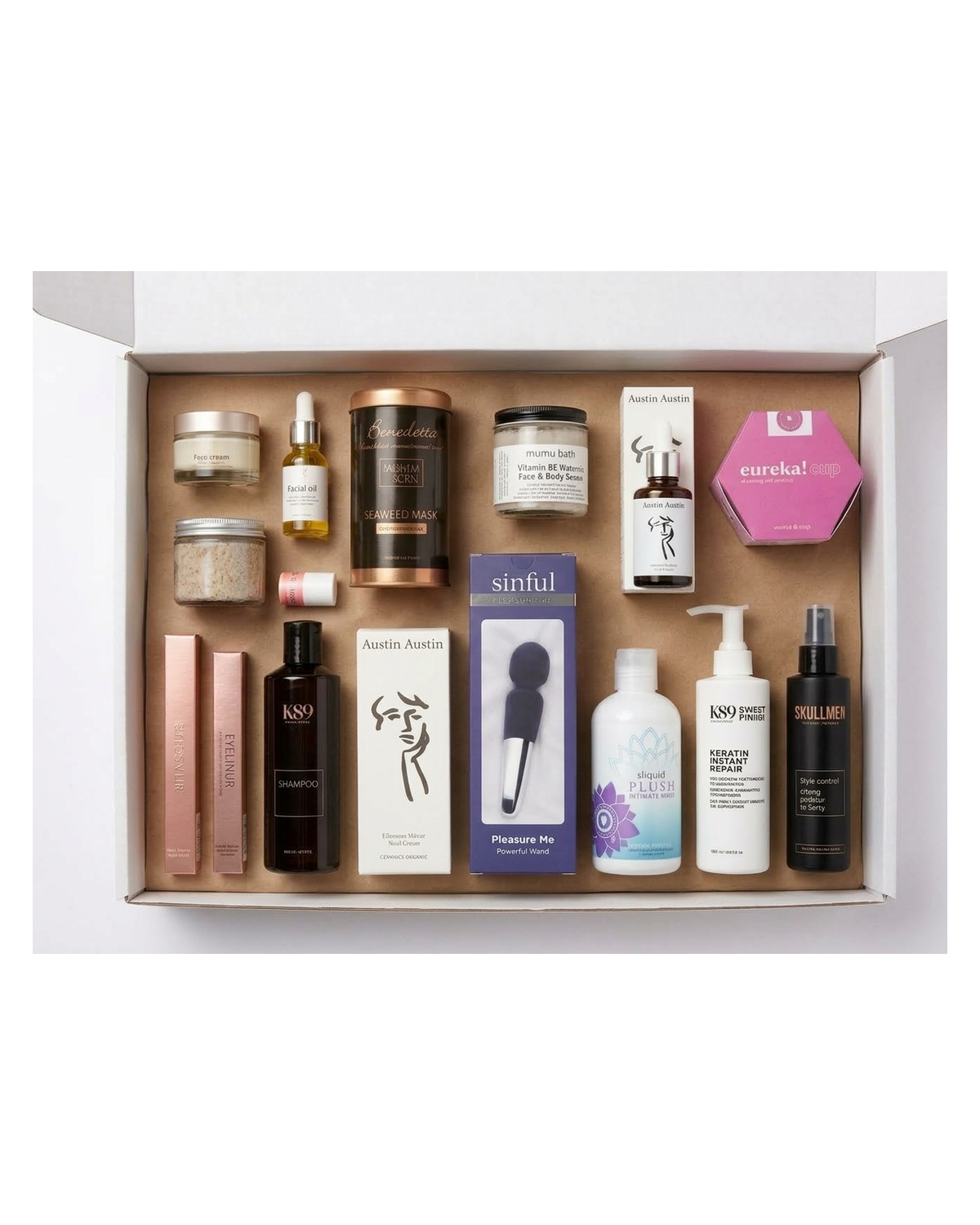 The Ultimate Beauty Ritual 18+ — the 15 products laid out inside the open box