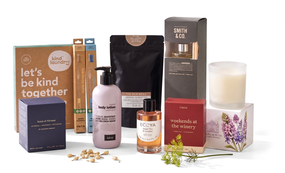 The Holiday Premium Ritual — product line-up with diffuser, candle and body lotion on pure white
