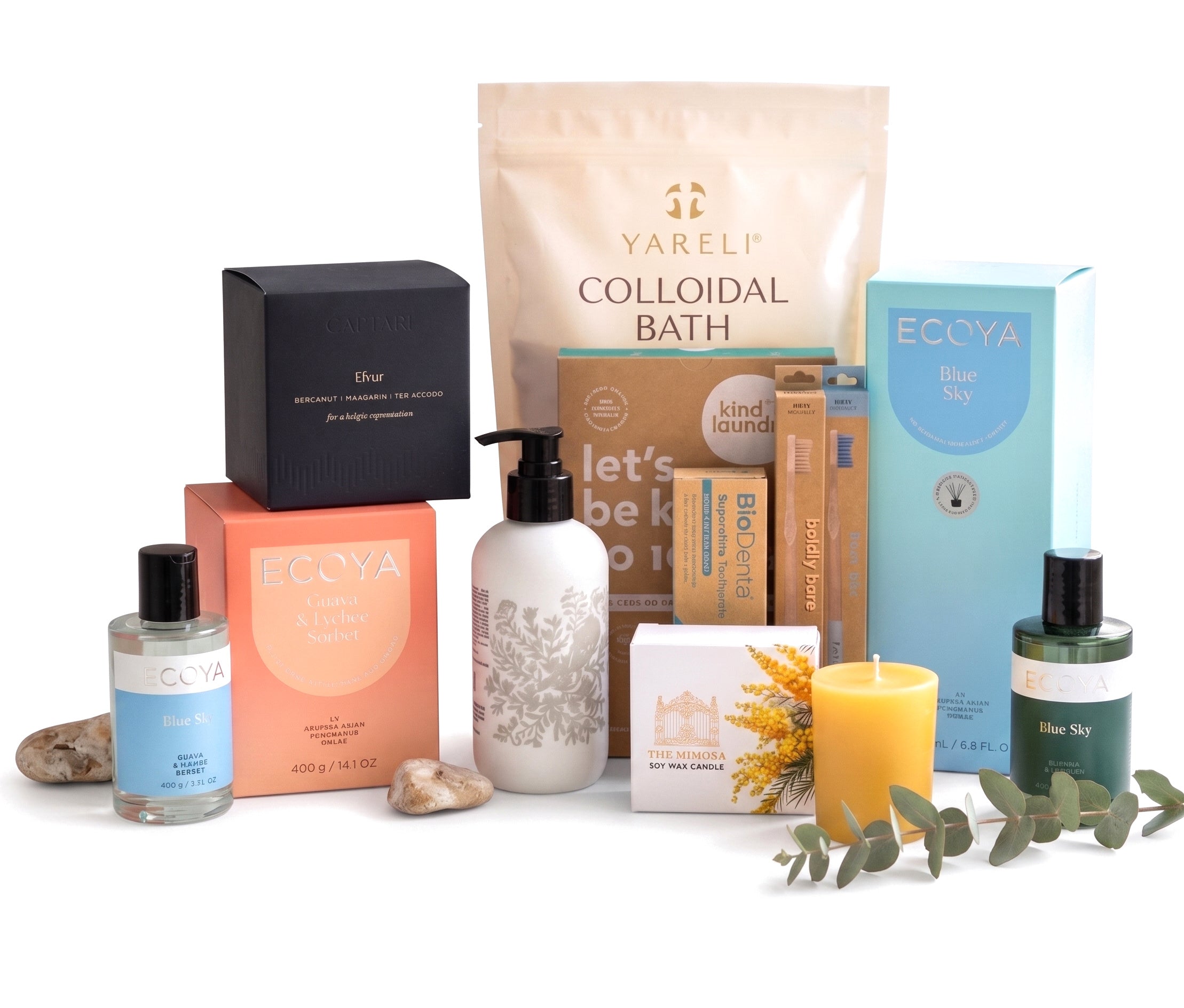 The Holiday Premium Ritual — product line-up with bath soak, candles and eucalyptus on pure white