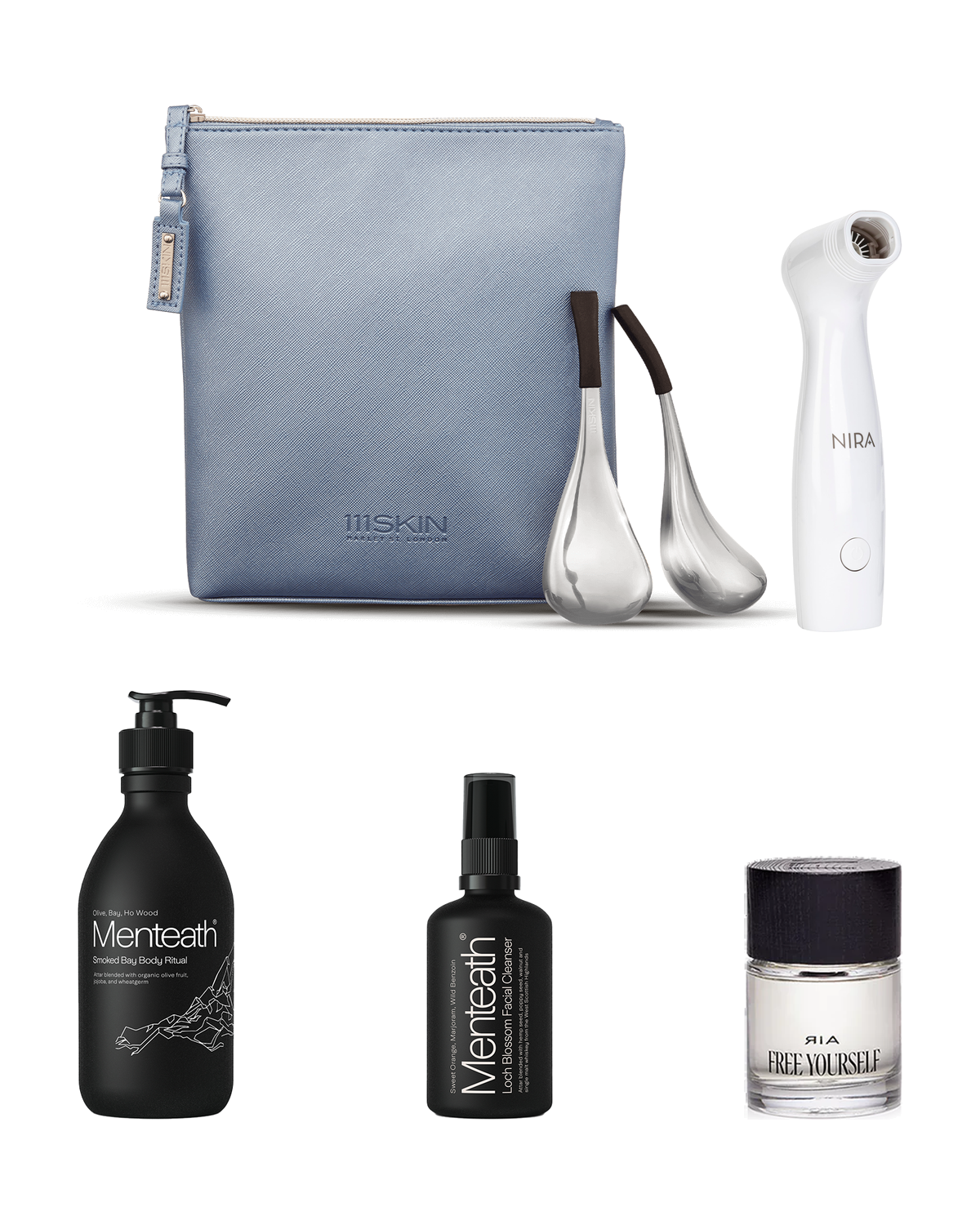 Everything inside The Premium Beauty Ritual kit - 111SKIN Cryo Sculpting Globes with pouch, NIRA Pro Laser, Menteath Smoked Bay Body Ritual, Menteath Loch Blossom Facial Cleanser and Free Yourself Eau de Parfum, on a white background
