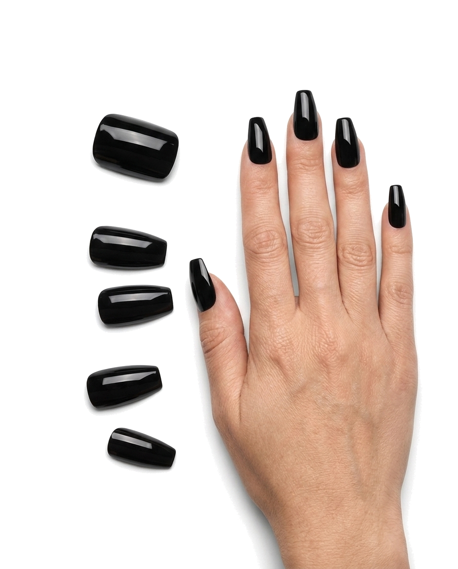 imPRESS All Black press-on nails worn on hand with loose nails