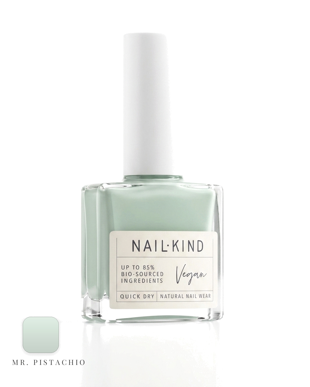 לק NailKind Mr. Pistachio — בקבוק על רקע לבן עם דוגמית גוון
