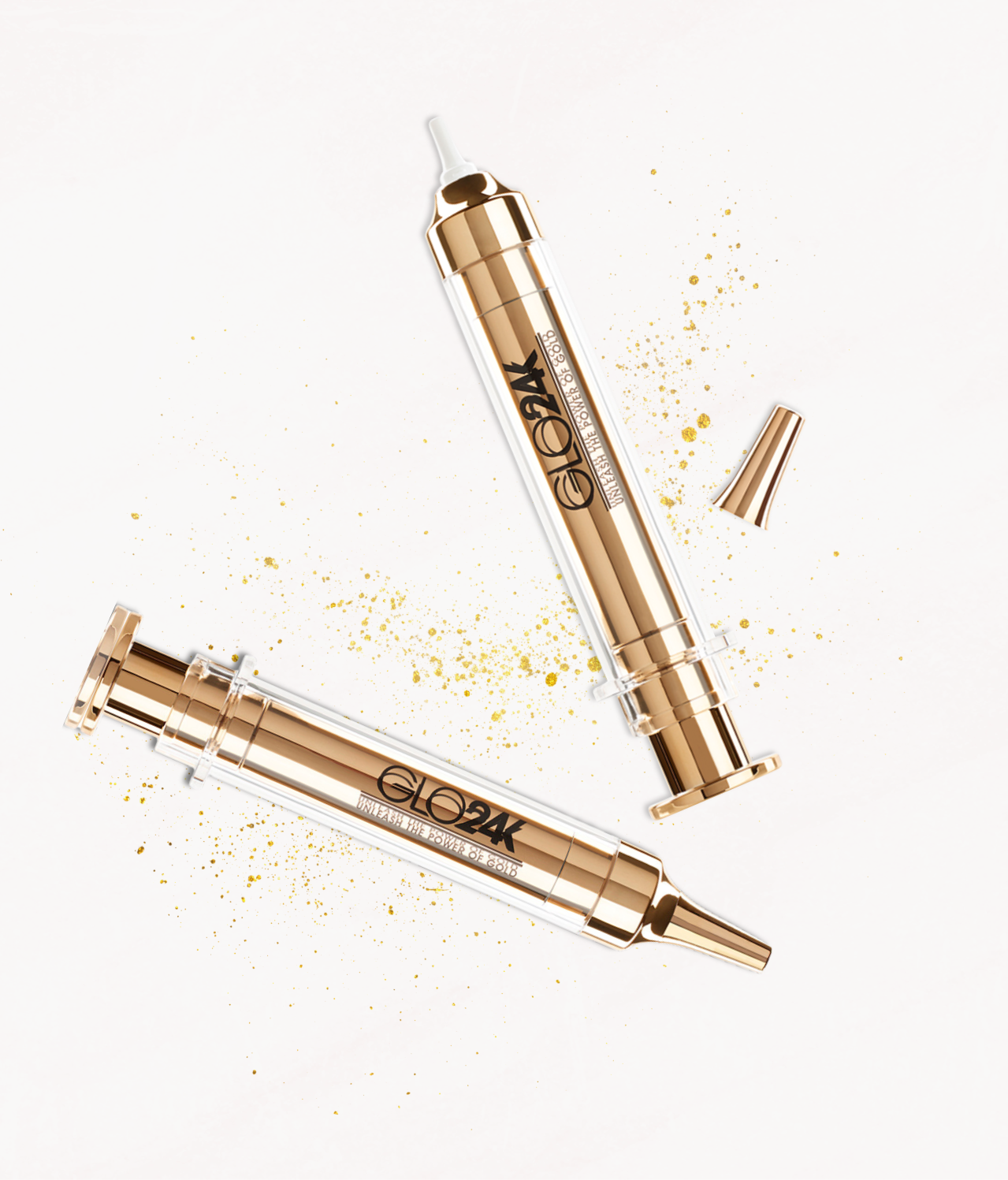 סרום GLO24K במיכל זהב מבריק, מפיץ נוצצות של זהב - המפתח למראה עור צעיר ובריא
