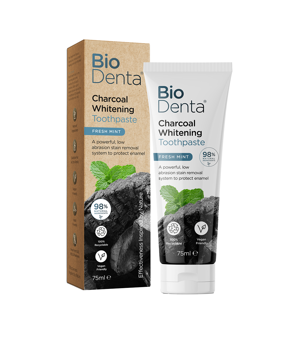 משחת שיניים פחם להלבנה עם טעם נענע טרי, אריזה סביבתית ומוצר טבעוני