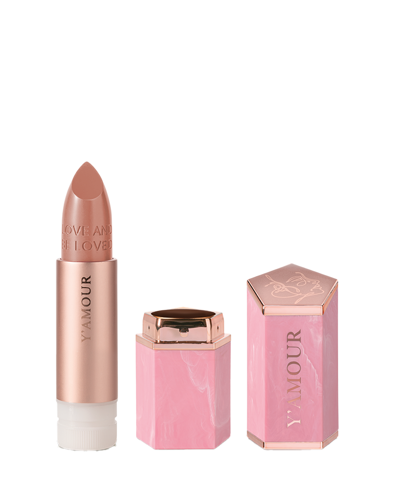 שפתון עמיד 'נאפולי' של ימור בגוון ורוד-טבעי, עטוף באריזת מתכת ורודה ומלאת סטייל