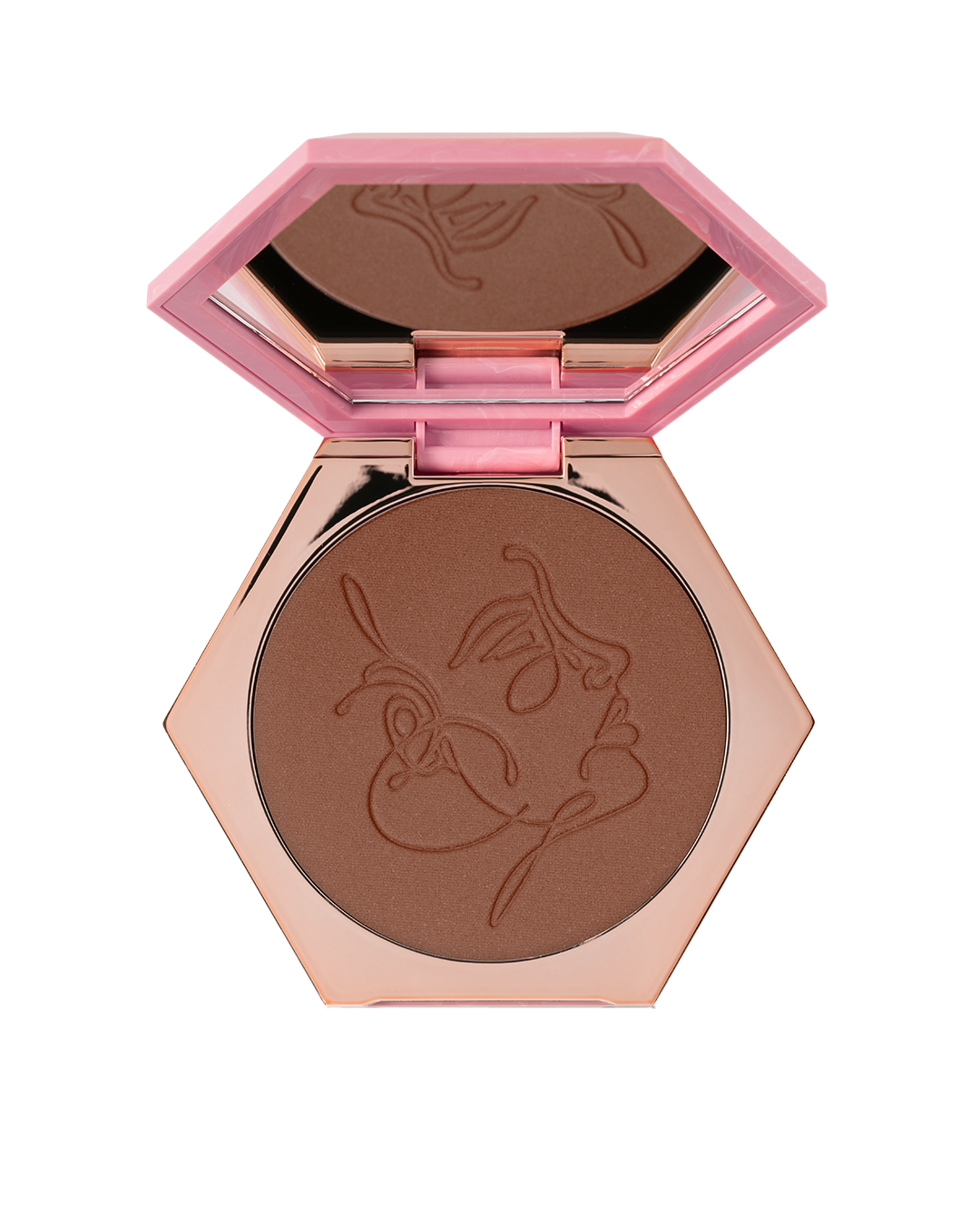 תמונה של פודרה חדשה בקומפקט מבריק, מראה מרקם חלק של הפודרה וחותמת פנים אומנותית