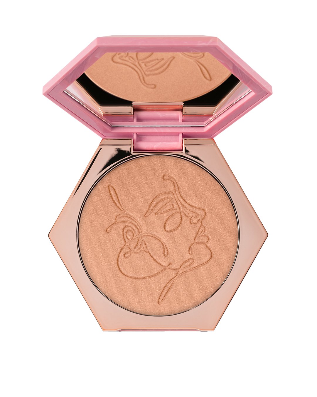 תמונה מקרוב של פודרה קומפקטית עם גוון זהב ועיצוב אומנותי ייחודי של קווי פנים על המשטח