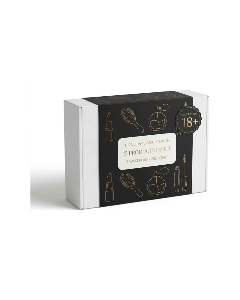 The Ultimate Beauty Ritual 18+ — sealed black and gold adult edition gift box, 15 products inside