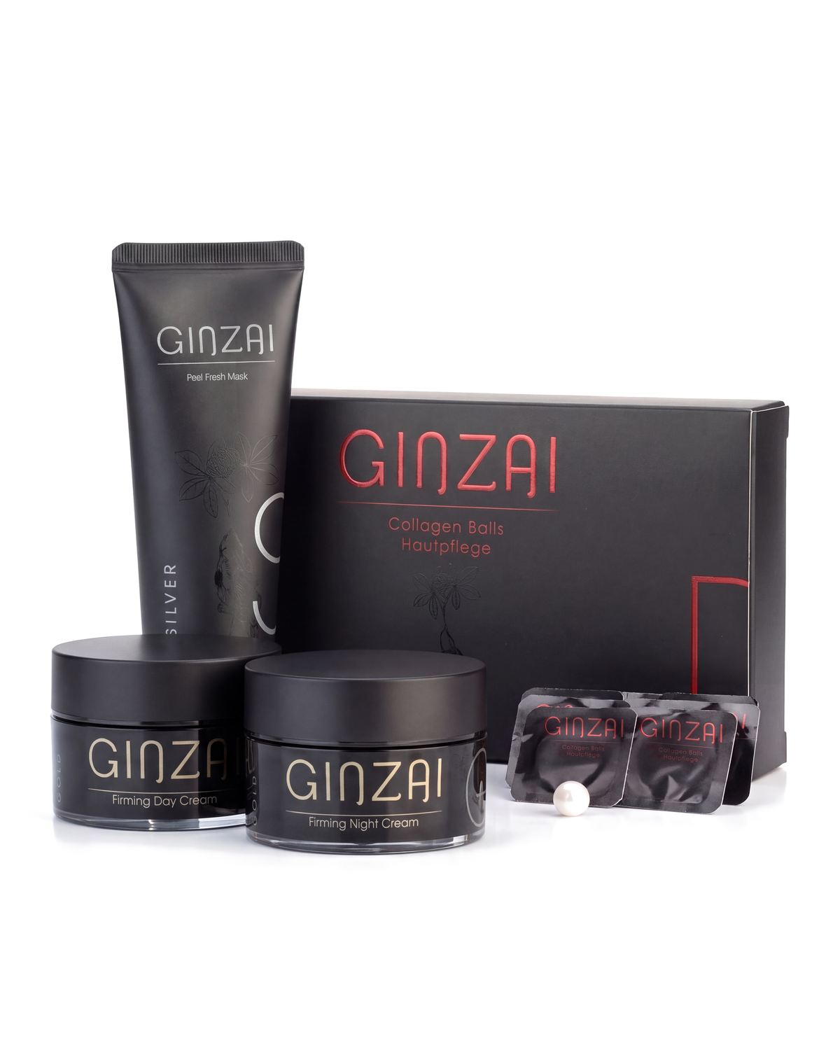 Black Korean Ginseng Clear Face Ritual - GINZAI Firming Day Cream, Firming Night Cream, Peel Fresh Mask and Collagen Balls on white