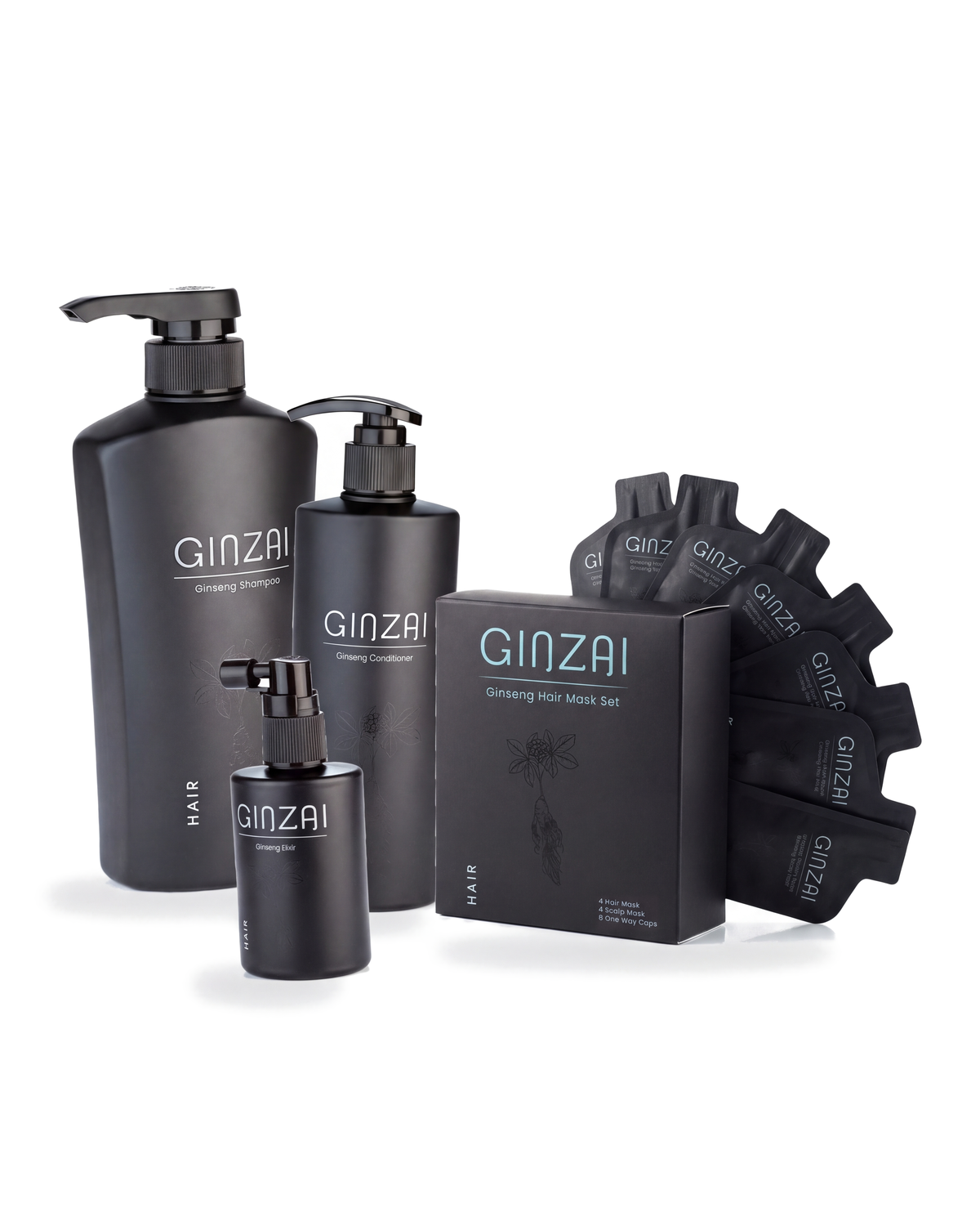 Black Korean Ginseng Ultimate Hair Repair Ritual - GINZAI ginseng shampoo 500ml, conditioner 300ml, scalp elixir 100ml and hair and scalp mask set on white