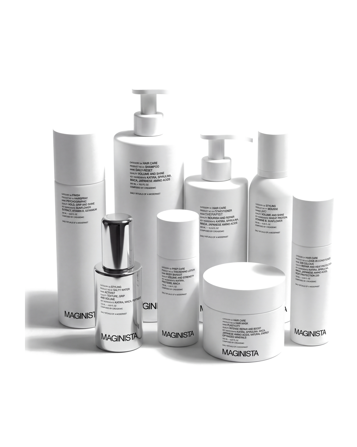 Maginista Ultimate Haute Couture Ritual - all eight MAGINISTA hair products on white: Daily-Reset shampoo, Therapist conditioner, Plasticity hair mask, 230 Celcius leave-in, Body Bardot thickening lotion, Fumo mousse, Activist salt spray, Psychographic hairspray