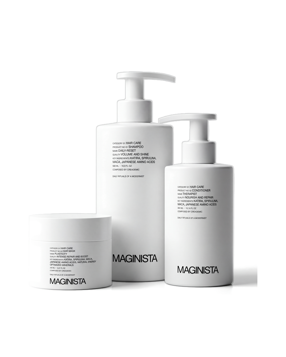 Damaged Hair Maginista Signature Ritual - Daily-Reset shampoo 500ml, Therapist conditioner 300ml and Plasticity hair mask 200ml on white