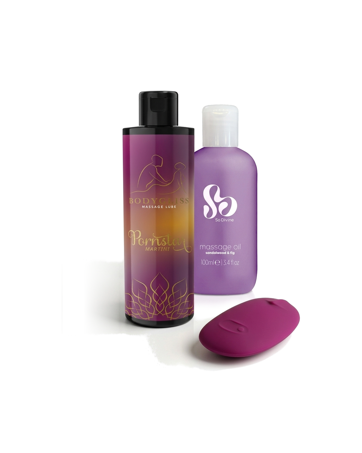 Sensual Glow - DAME Pom flexible vibrator, So Divine sandalwood and fig massage oil 100ml and BodyGliss Pornstar Martini massage lube, on white