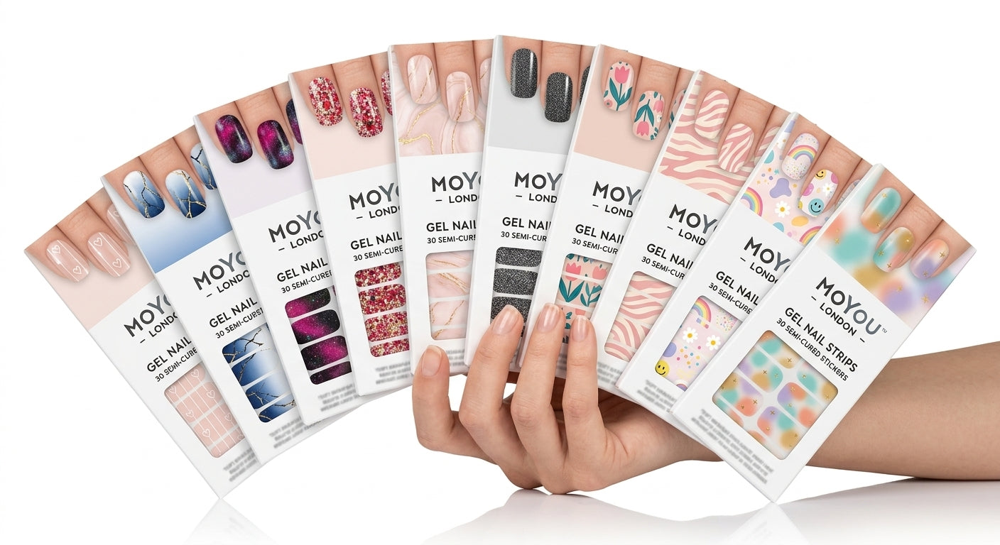 10 MOYOU Gel Nails Assorted Colors - fanned hand holding all 10 real box designs