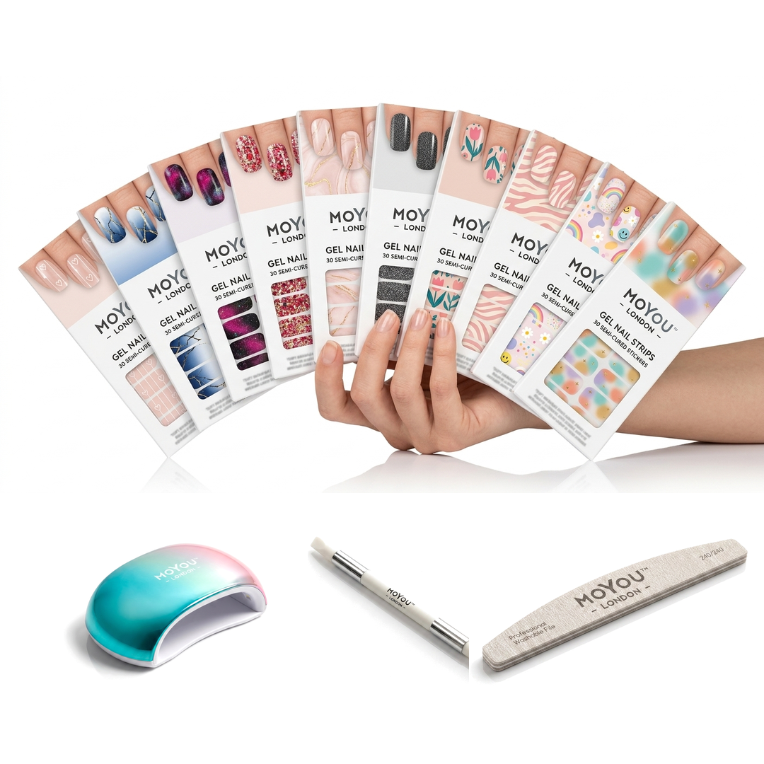 MOYOU Pro Kit - 10 gel nail designs plus UV lamp, file, and cuticle stick